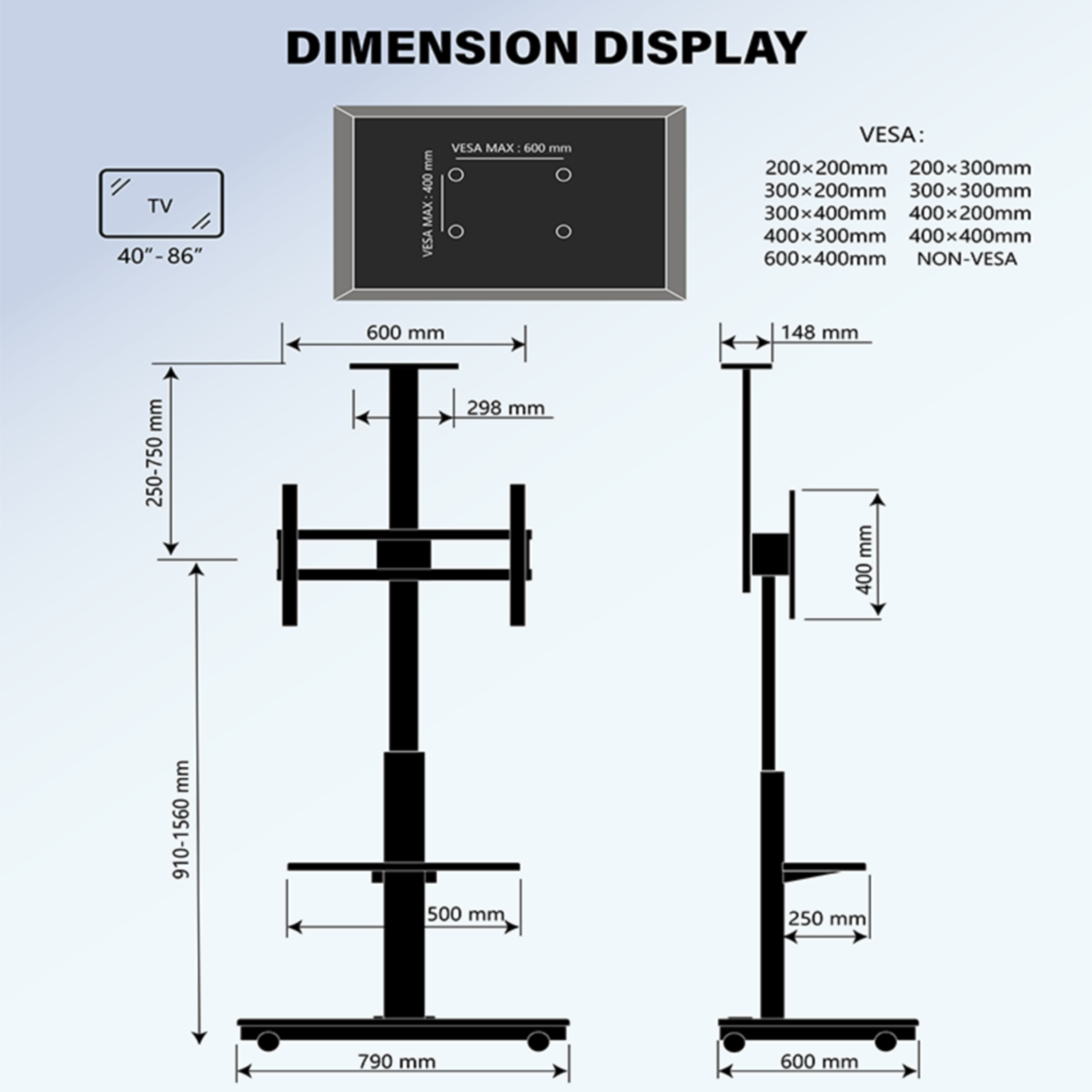 Diagram of a TV stand with dimensions and VESA specifications. White background.