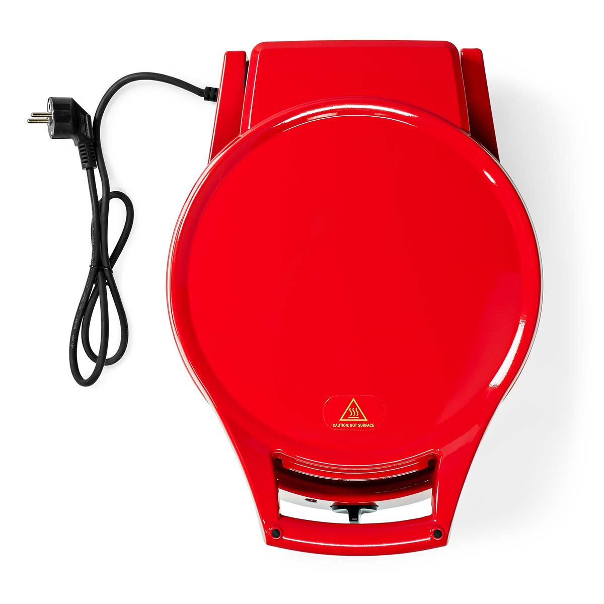 Roter Crêpe-Maker mit schwarzem Netzkabel. Weißer Hintergrund.