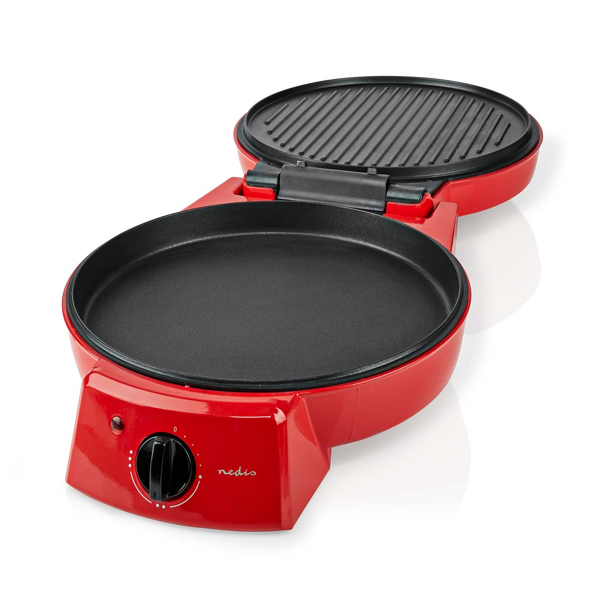 Roter Elektrogrill mit zwei Bereichen, einer mit Rillen und einem Bedienknopf vorne.