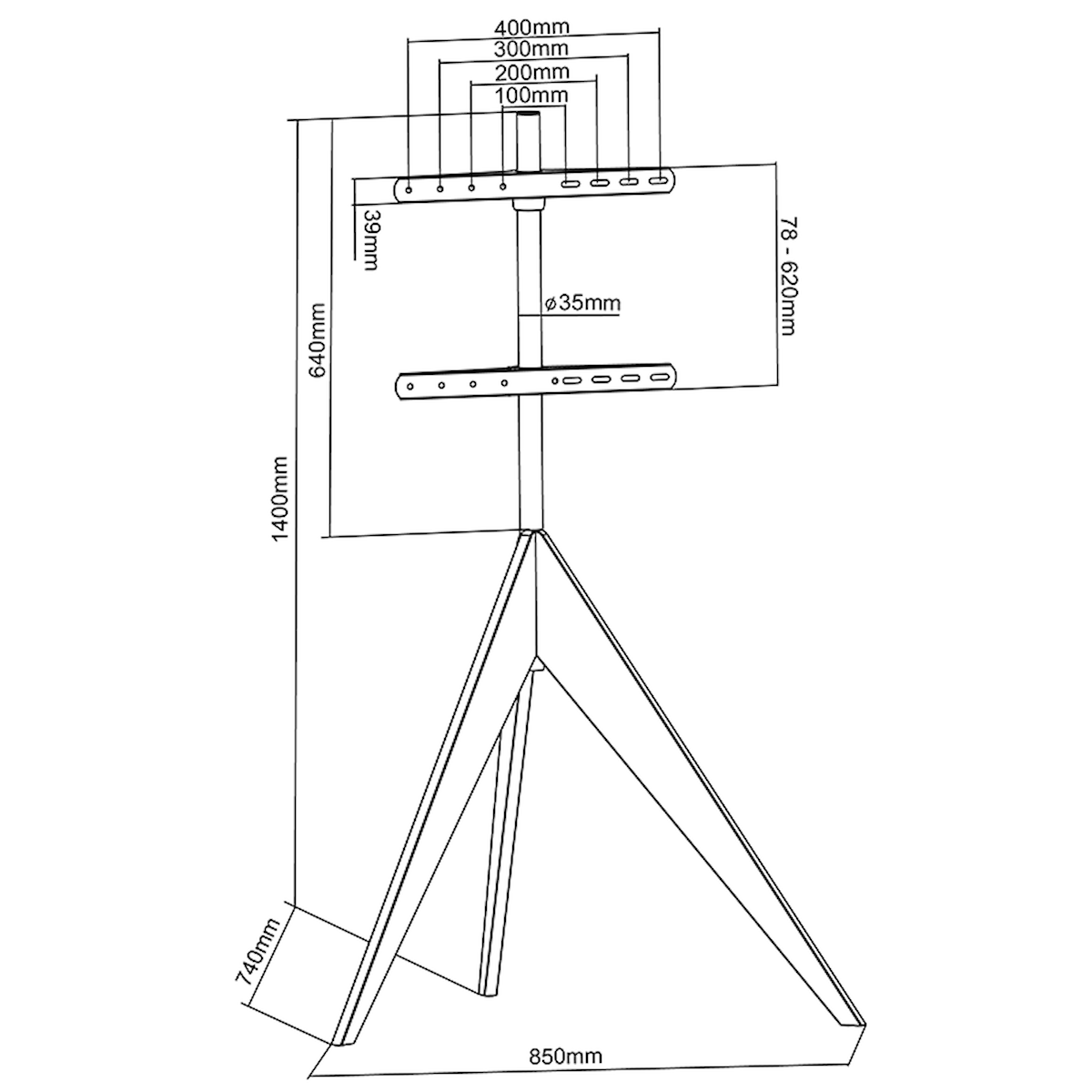 Schéma du support TV avec dimensions. Lignes noires, fond blanc.