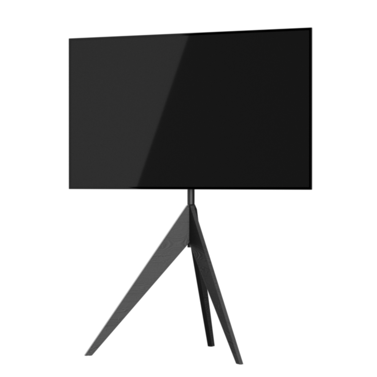 Een grote zwarte tv op een donkerhouten statief, tegen een witte achtergrond.
