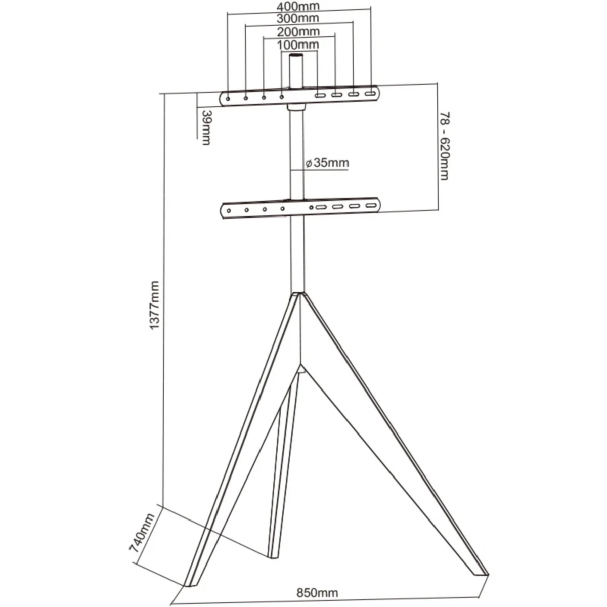 Technische tekening van een tv-standaard met afmetingen en maten.