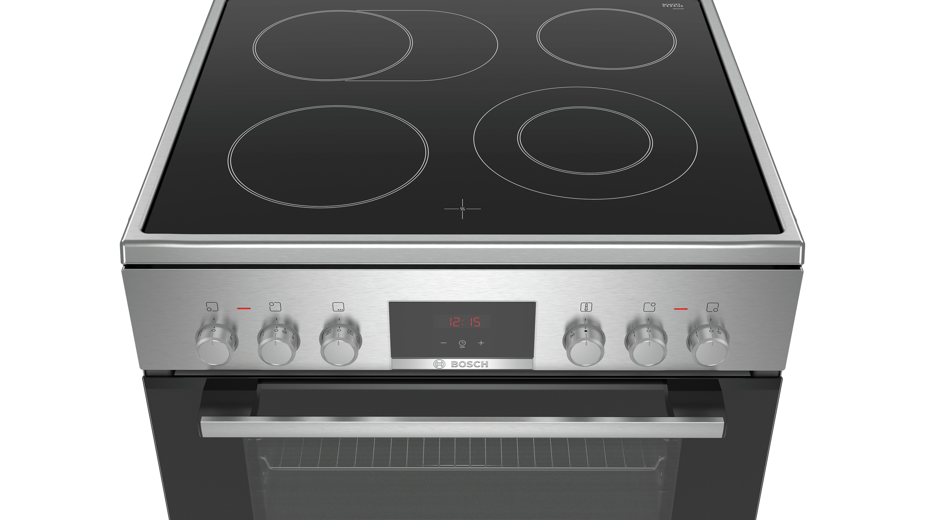 Een roestvrijstalen elektrische kookplaat met vier branders en een digitaal display. De ovendeur staat open.