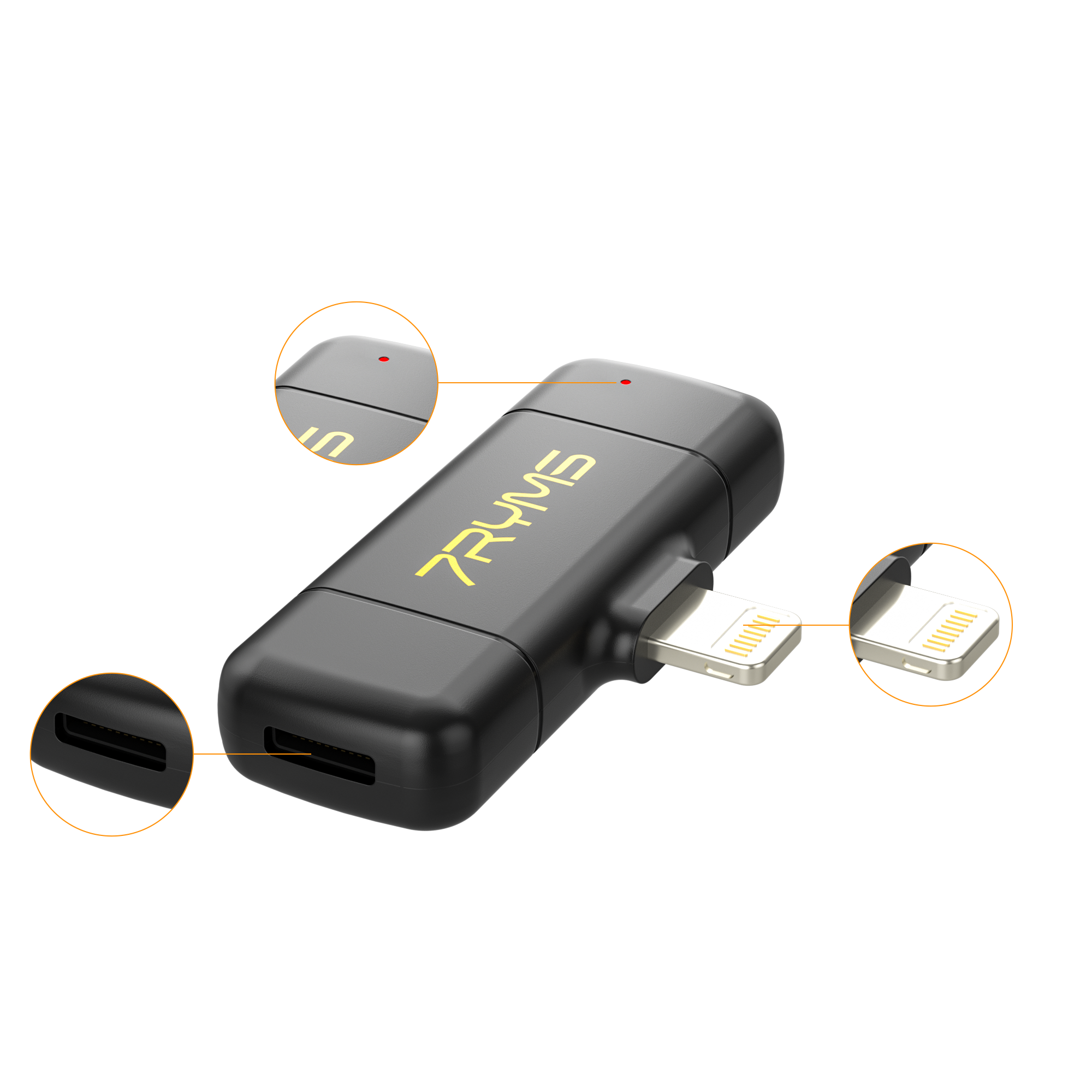 Een zwarte USB-adapter met twee lightning-connectoren en een micro-USB-sleuf, close-up shot.