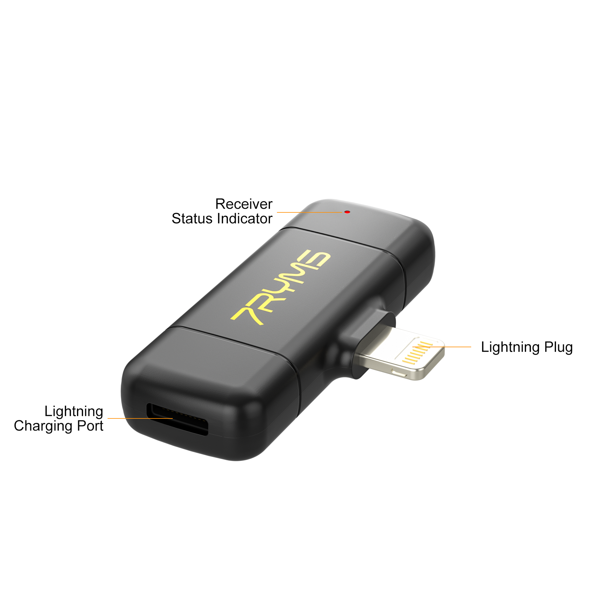 Zwarte audio-adapter met Lightning-stekker en oplaadpoort. Rood statuslampje.