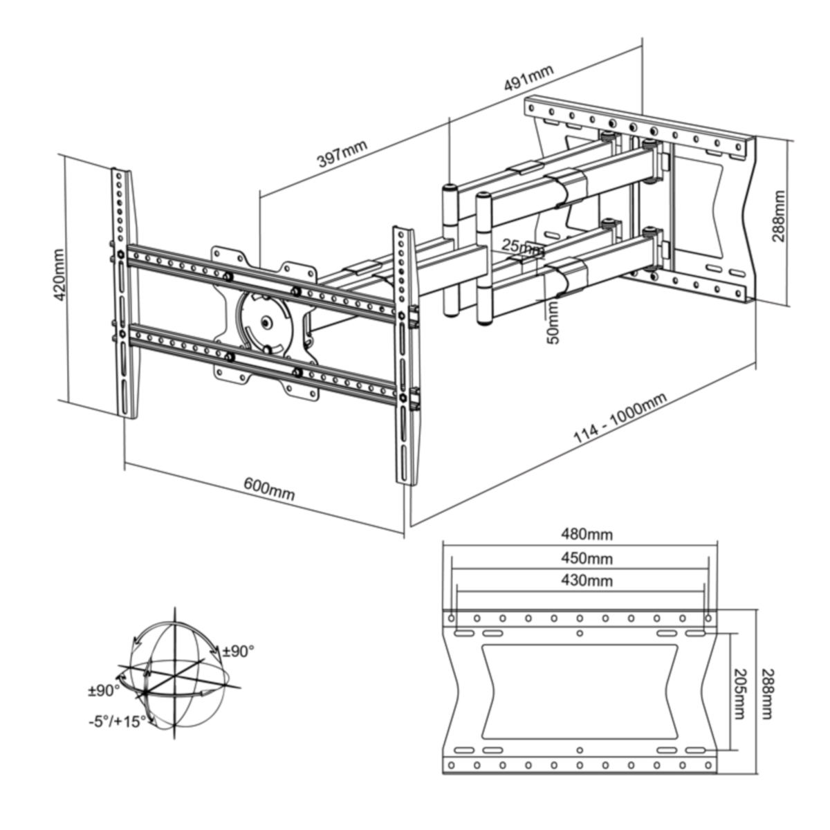 Technische tekening van een tv-bevestiging met afmetingen en maten.