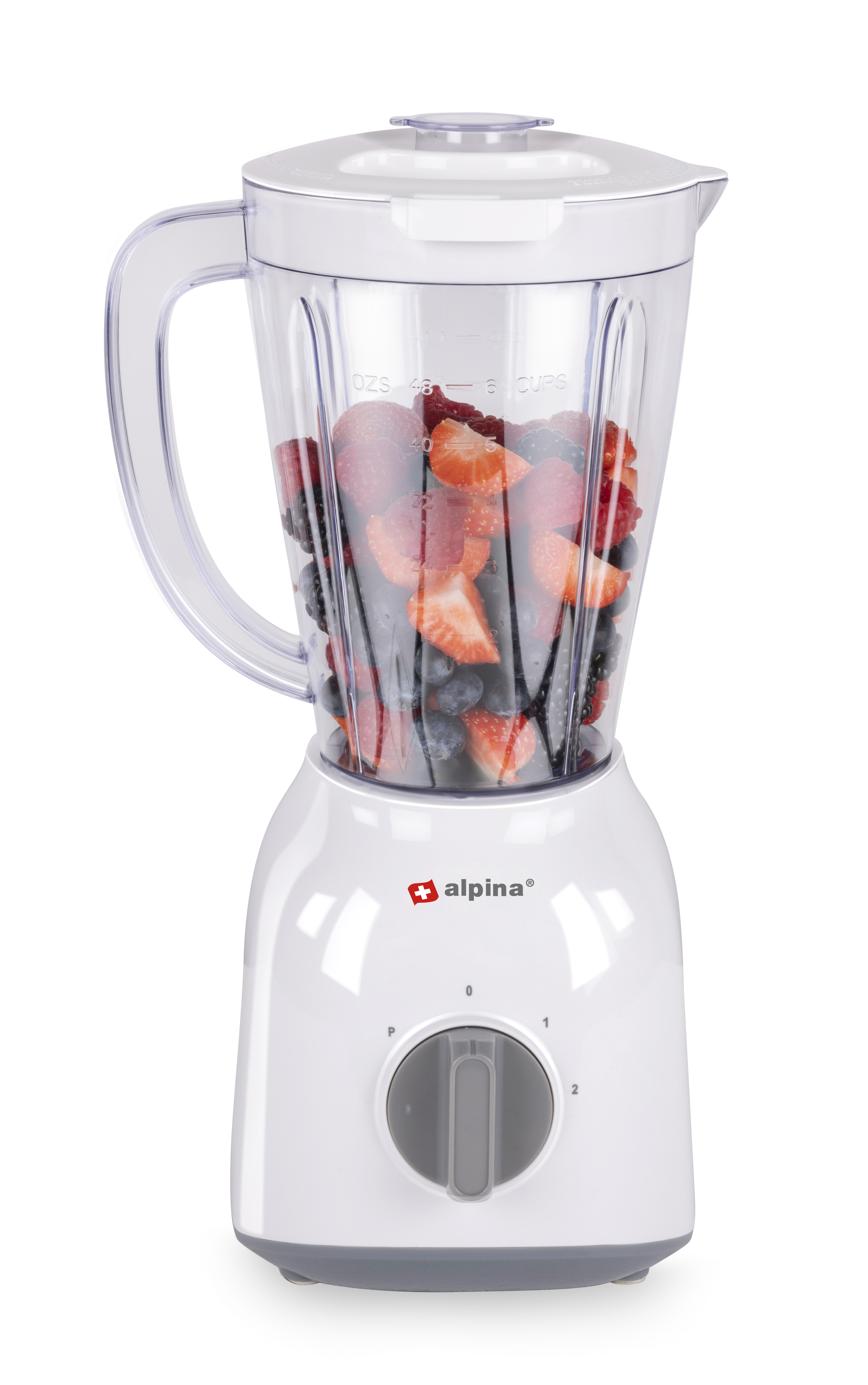 Een witte blender gevuld met gemengde bessen. Het heeft een doorzichtige kan en een grijze bedieningsknop.