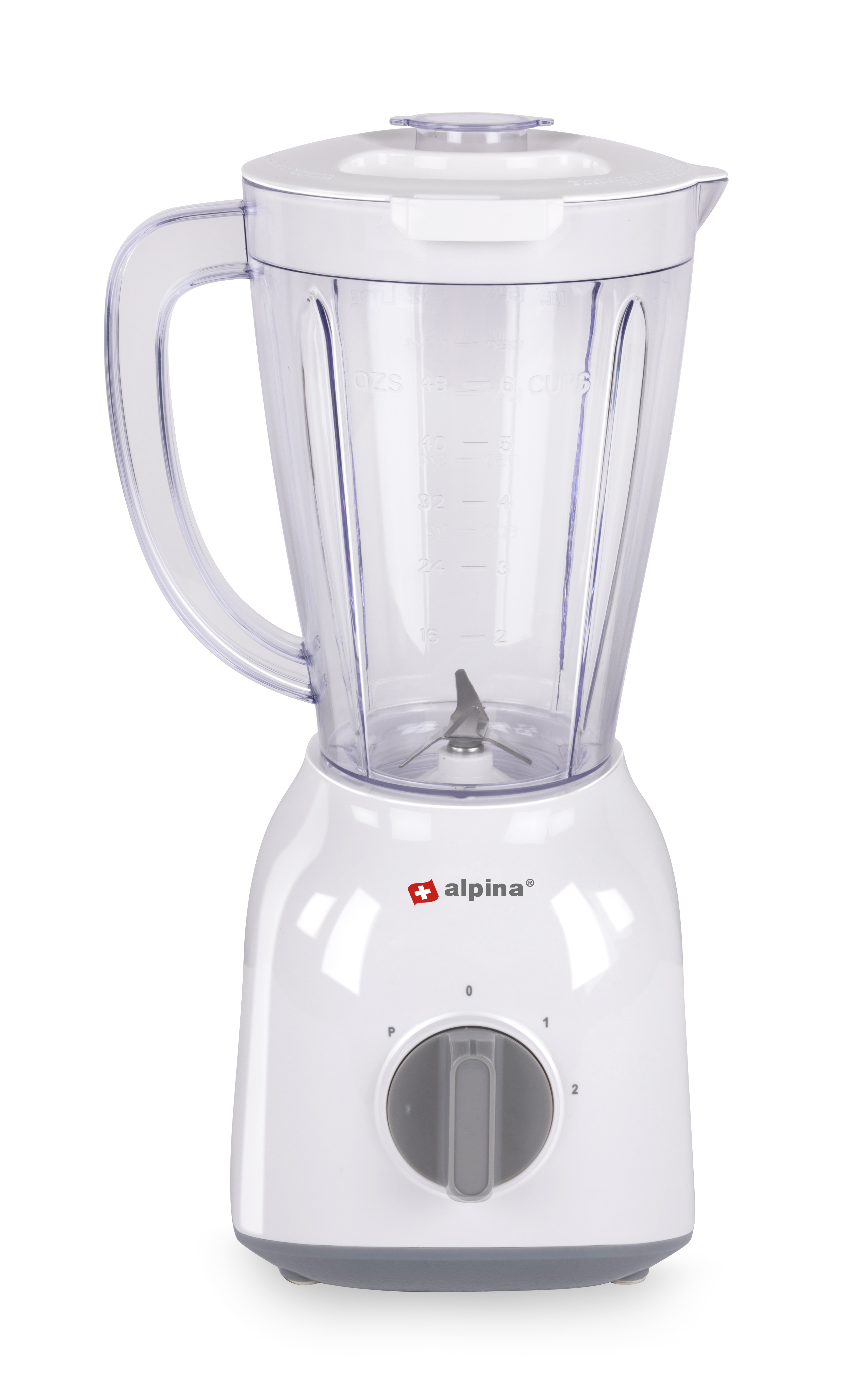 Witte blender met een doorzichtige plastic kan, een handvat en een grijze voet.
