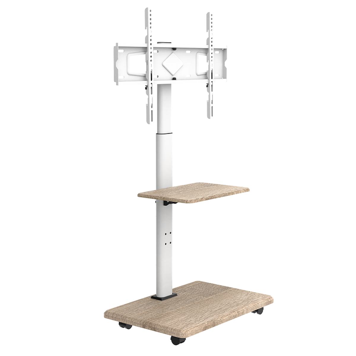 Witte en houten tv-standaard met twee planken en een tv-beugel.