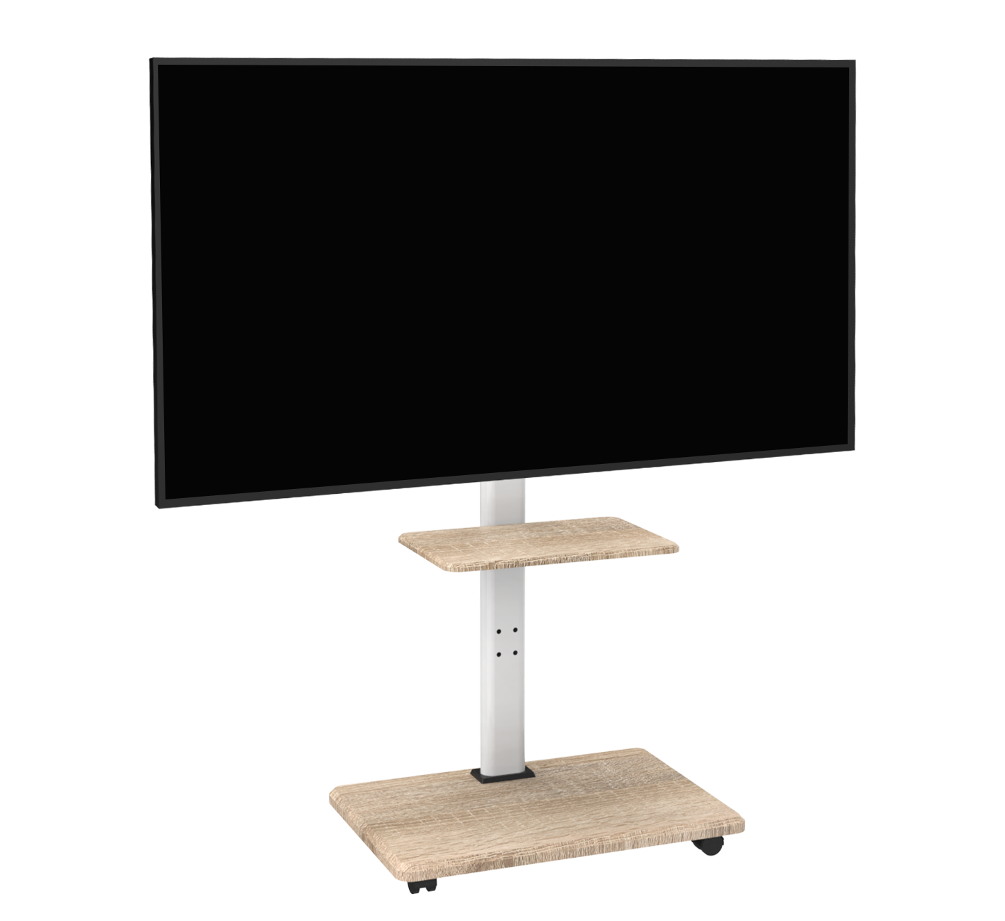 Een zwarte tv op een mobiele houten standaard met twee planken, tegen een witte achtergrond.