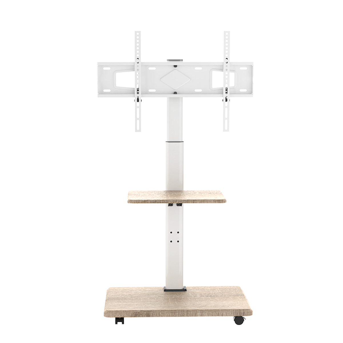 Witte en beige tv-standaard. Het heeft een plank en een basis met wielen. De tv-beugel staat bovenaan.