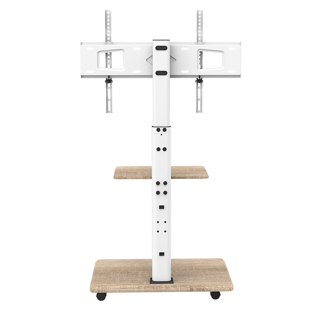 Witte tv-standaard met twee planken en een houten voet.