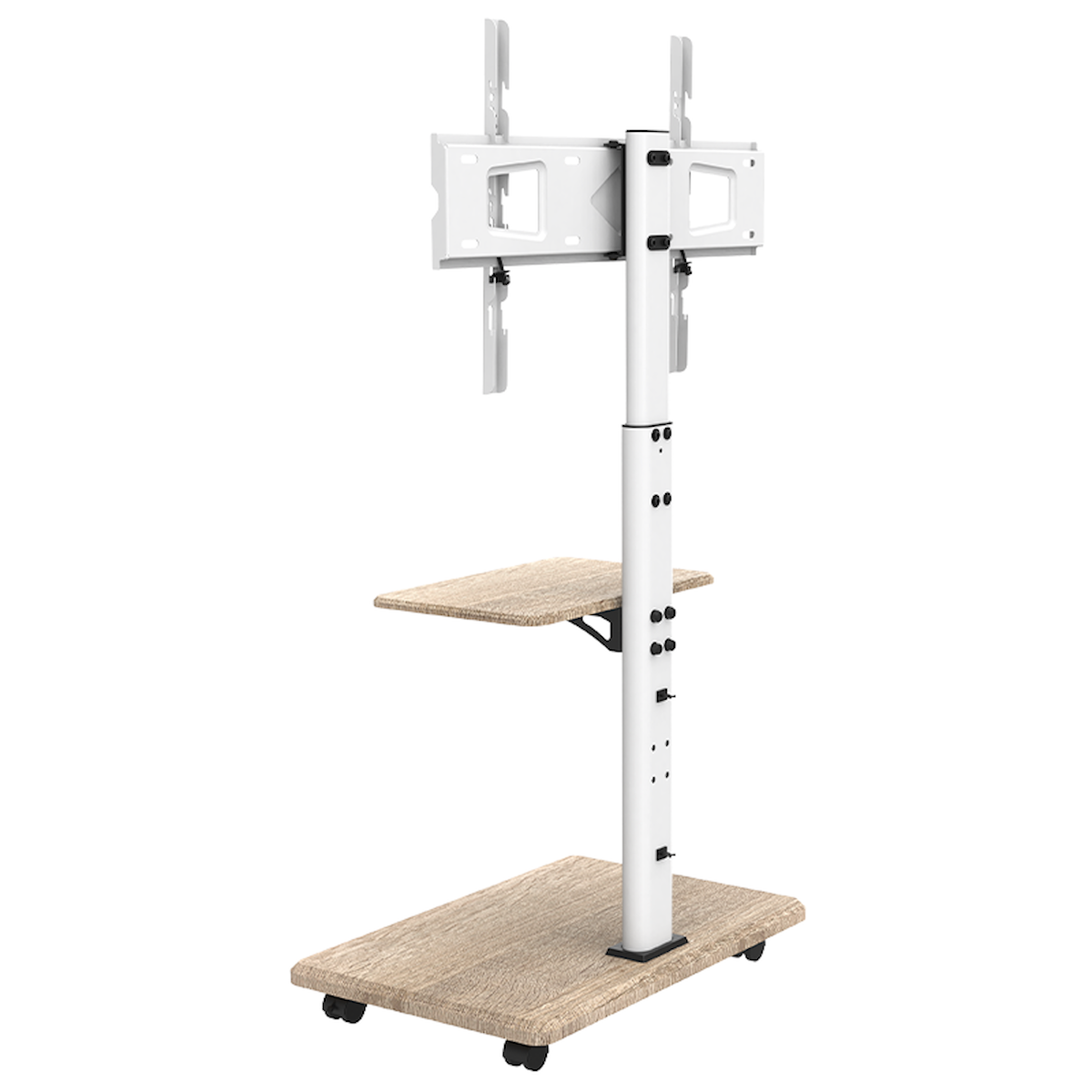 TV-standaard met een plank en een houten basis. Witte paal, zwarte wielen. Witte achtergrond.