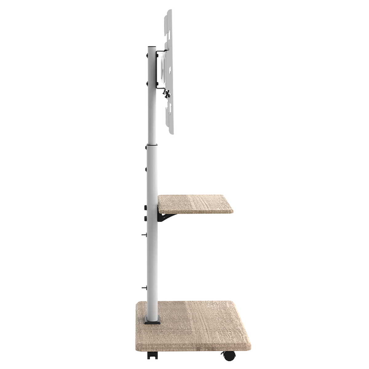 Een mobiele tv-standaard met planken, op wielen. Witte paal en beige planken.