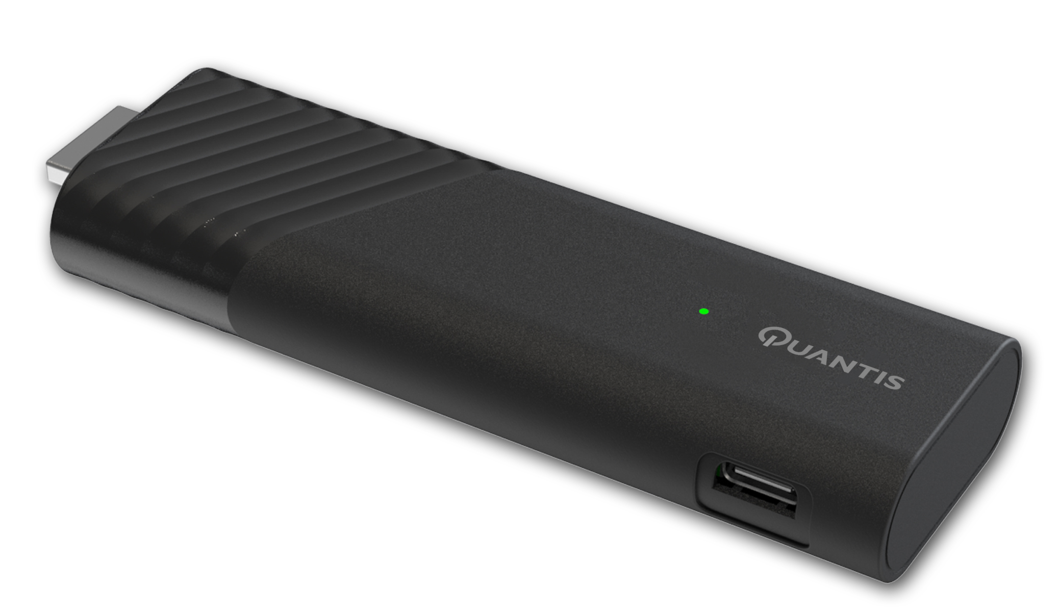 A black Quantis streaming device with a USB port and the Quantis logo. The device is black.