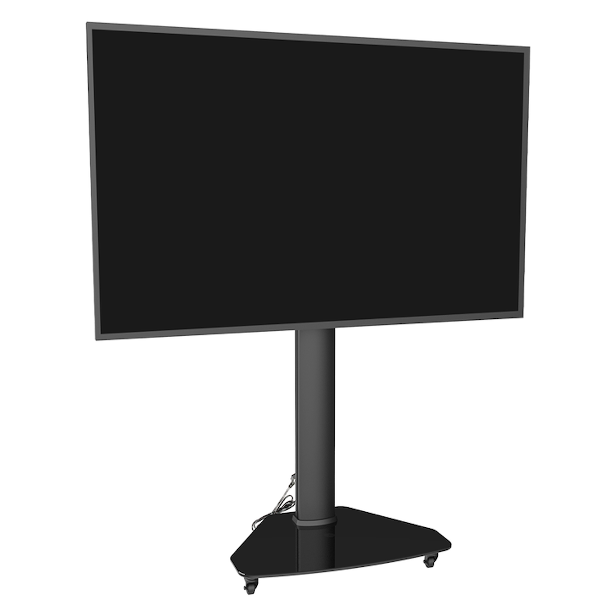 Een zwarte televisie op een zwarte standaard, die een driehoekige basis heeft.