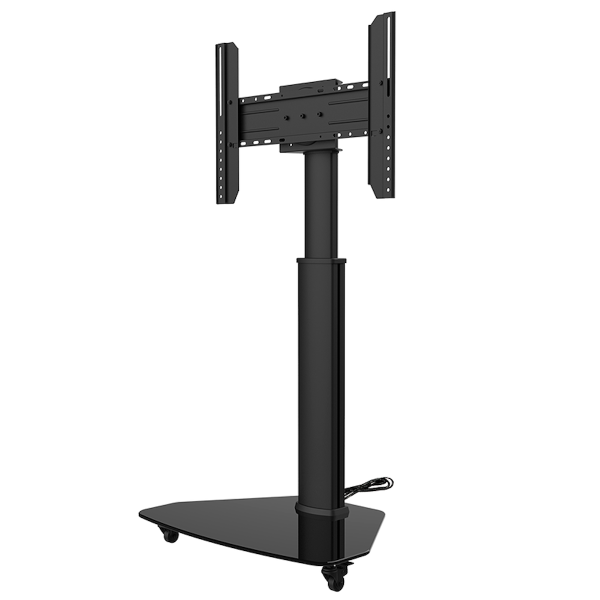 Zwarte tv-standaard. Een zwarte tv-standaard met wielen. Heeft een bovenste tv-bevestiging en een onderste glazen basis.