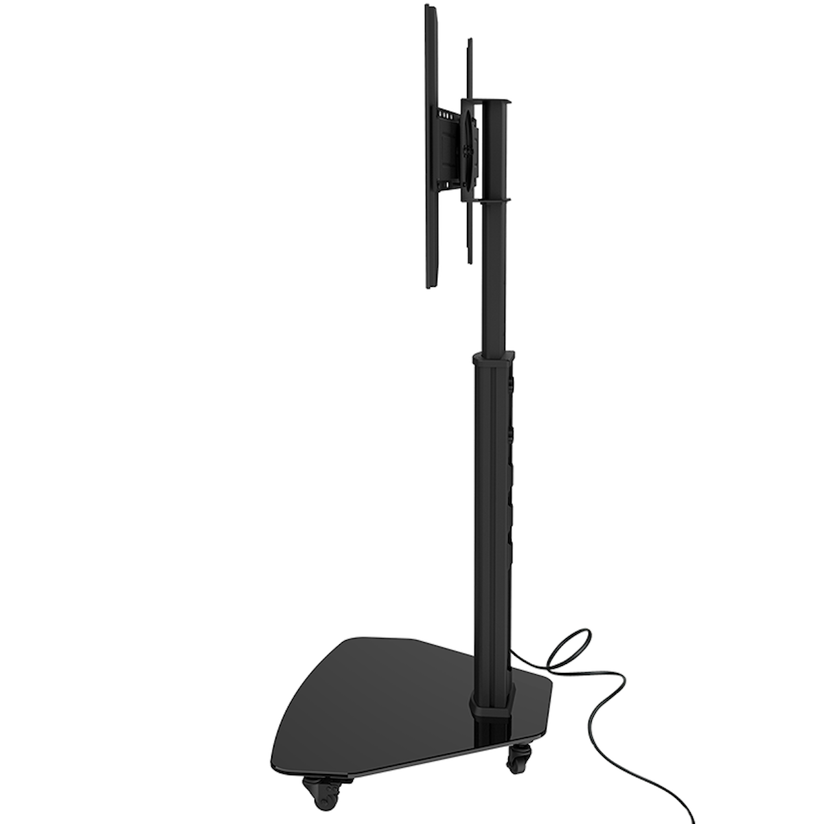Zwarte tv-standaard met een tv erop, op wielen, met een zwarte basis, witte achtergrond.