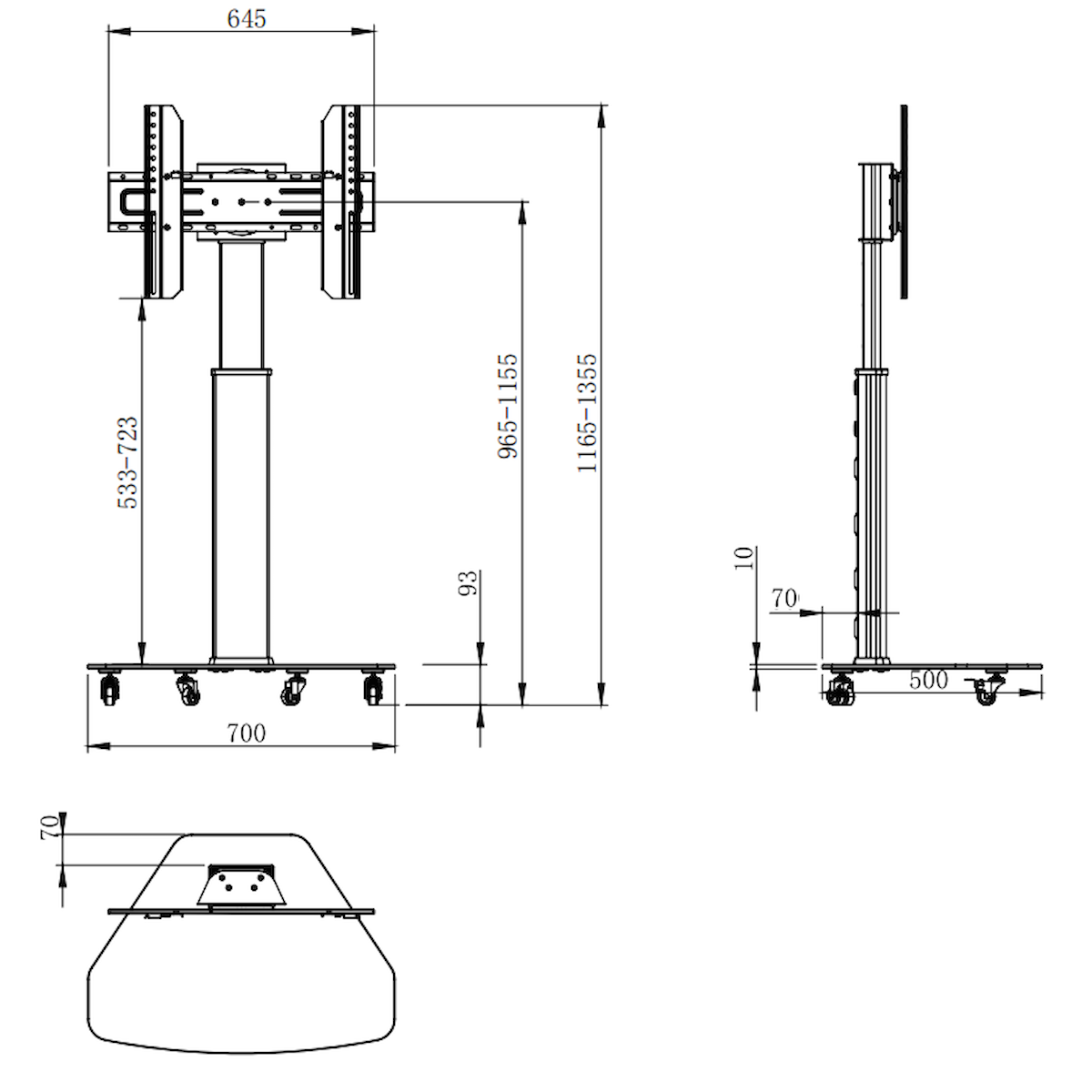 Technische tekening van een tv-standaard met afmetingen.