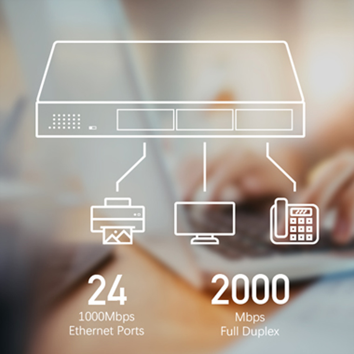 Schemat przedstawiający konfigurację sieci z drukarką, komputerem i telefonem podłączonymi do routera.