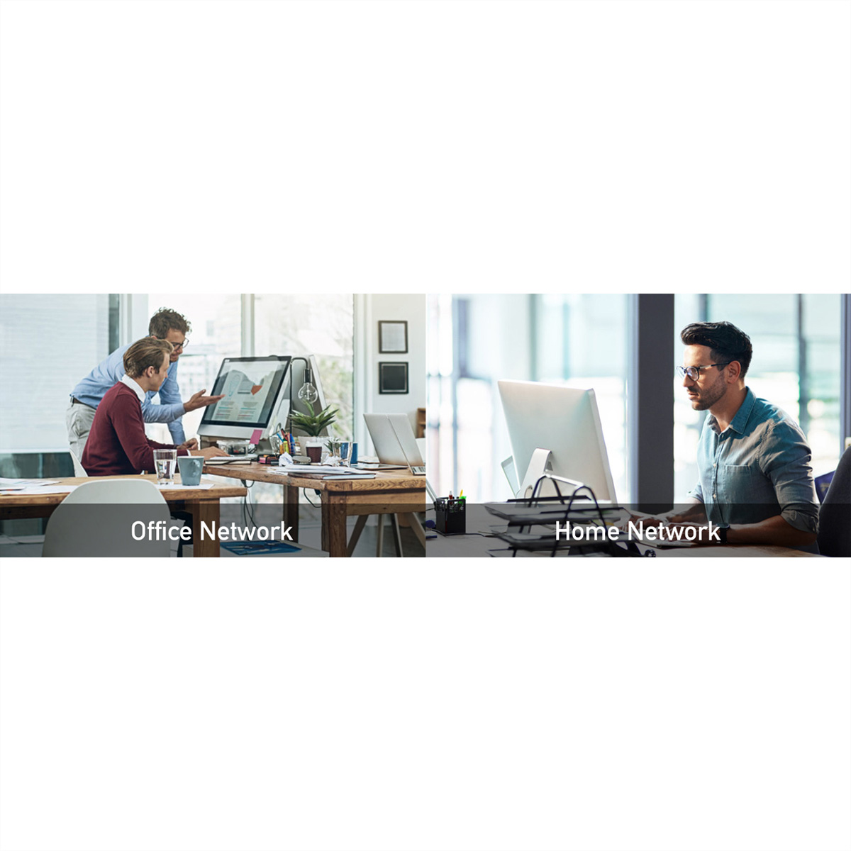 Obraz podzielony na dwie części, pokazujący biuro i sieć domową, z ludźmi pracującymi w każdej scenie.