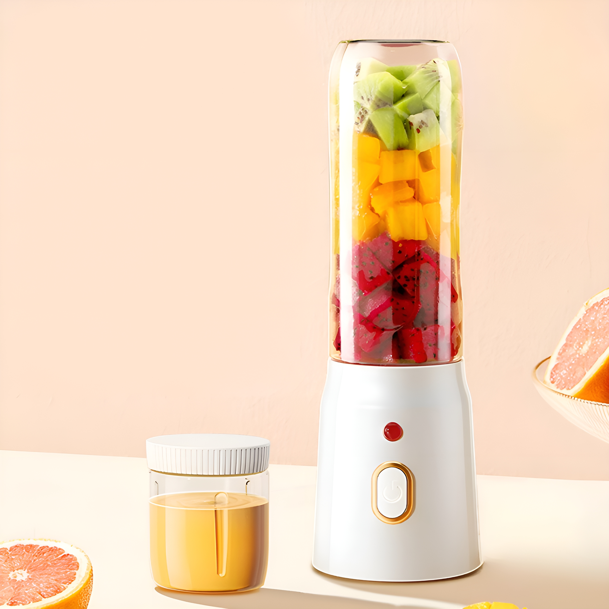 Mixer mit geschichteten Früchten und einem Saftglas. Früchte sind Kiwi, Mango und Drachenfrucht.