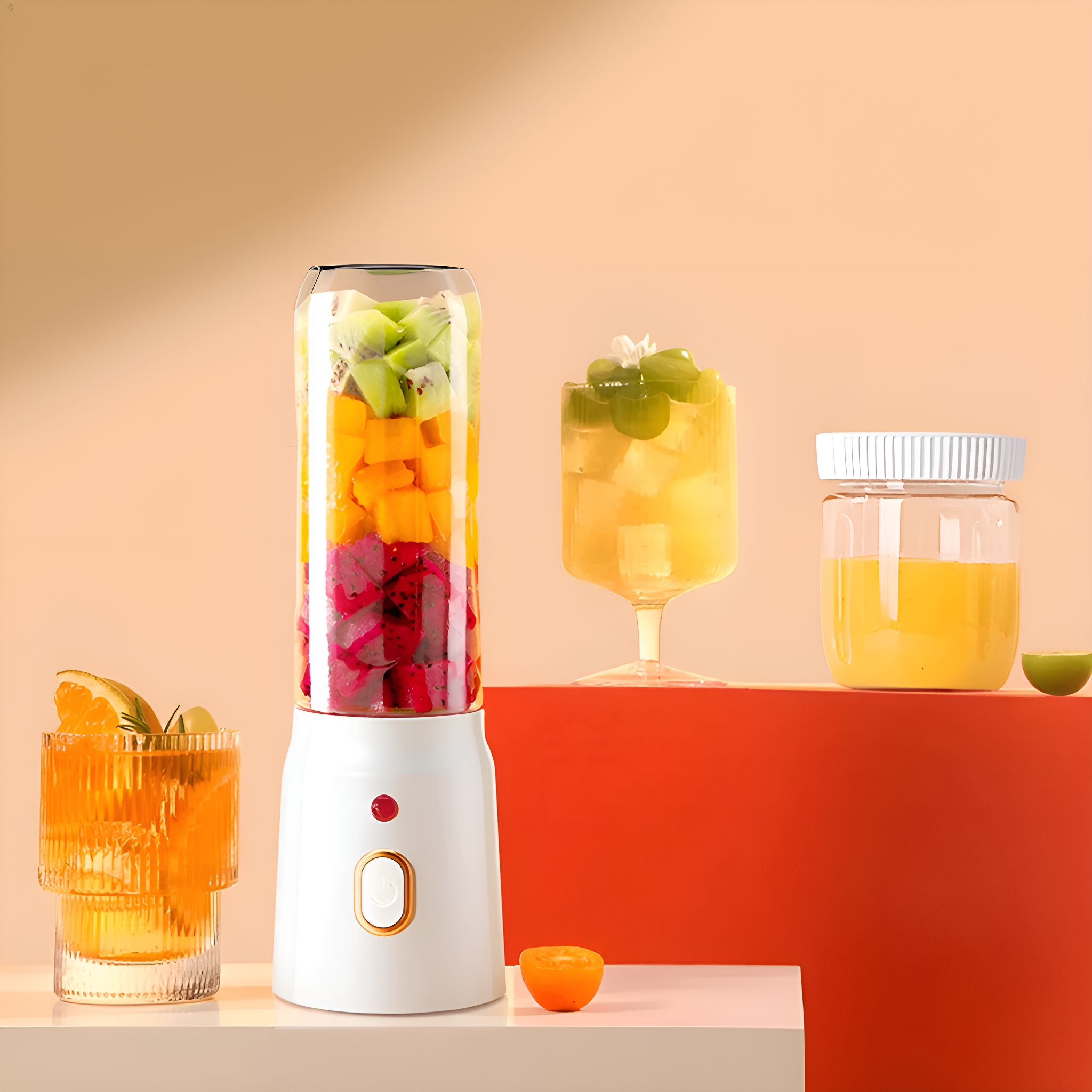 Mixer mit geschichteten Früchten. Getränke in Gläsern rechts mit Fruchtscheiben und einer halben Frucht.