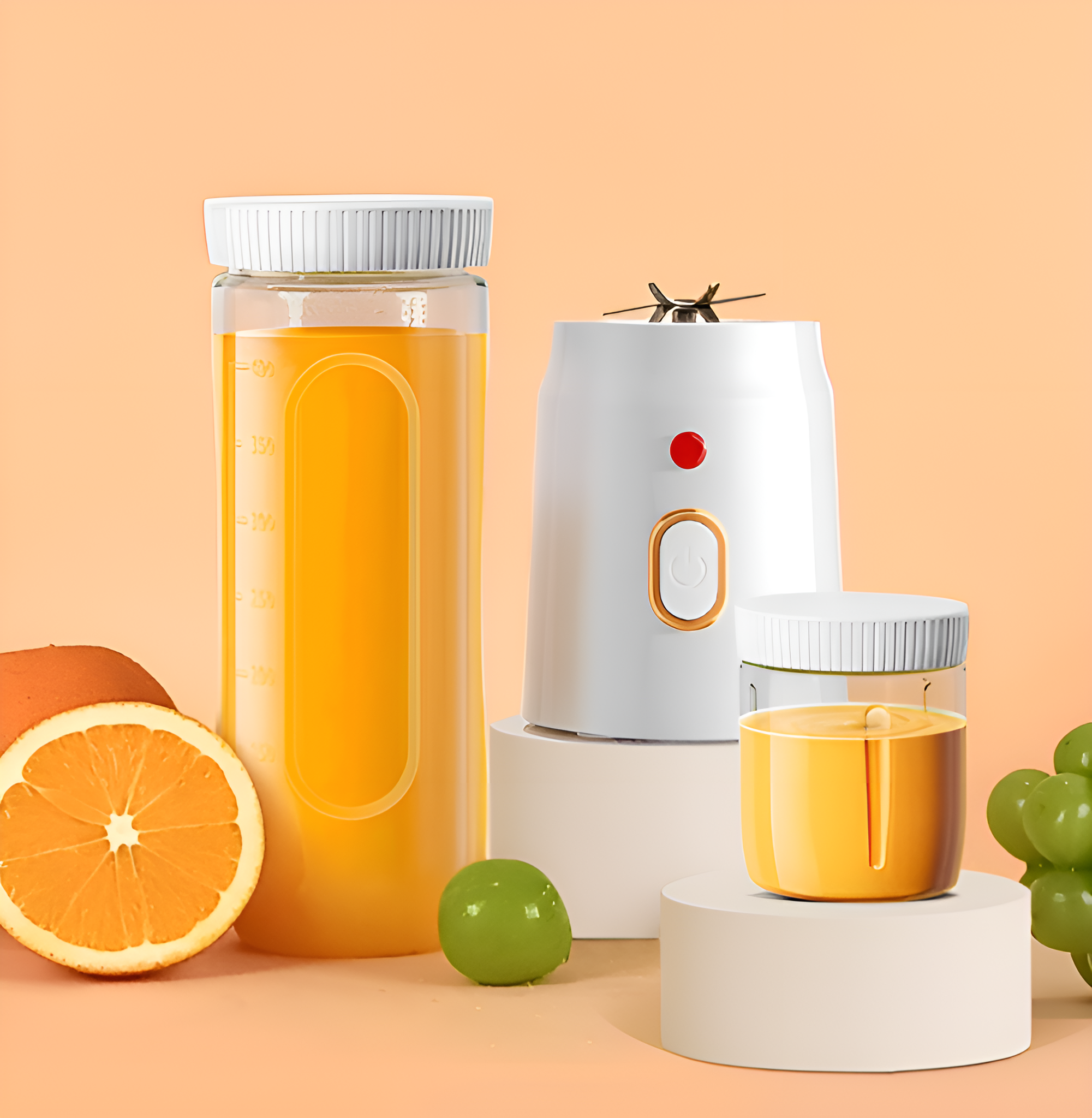 Mixer mit Saft in einer Flasche, ein kleines Glas Saft, Orange und grüne Trauben auf Pfirsichhintergrund.