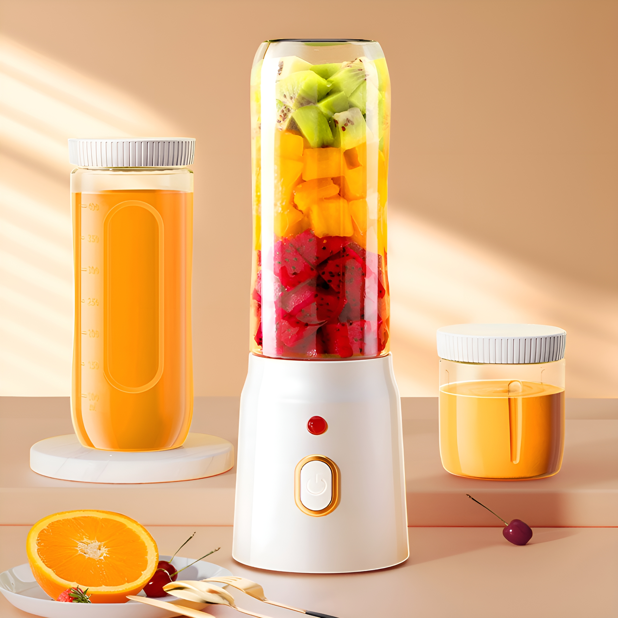 Mixer mit Früchten und Saft. Eine halbe Orange, Saft und Kirschen sind in der Nähe.