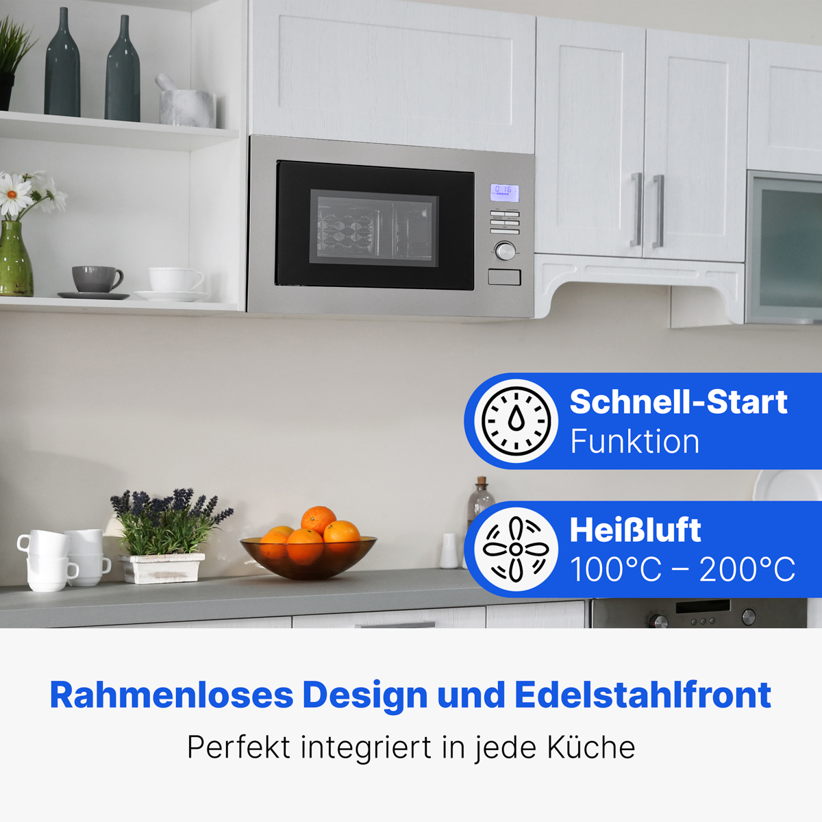Wbudowana kuchenka mikrofalowa nad blatem z pomarańczami. Funkcje obejmują szybki start i ogrzewanie konwekcyjne.