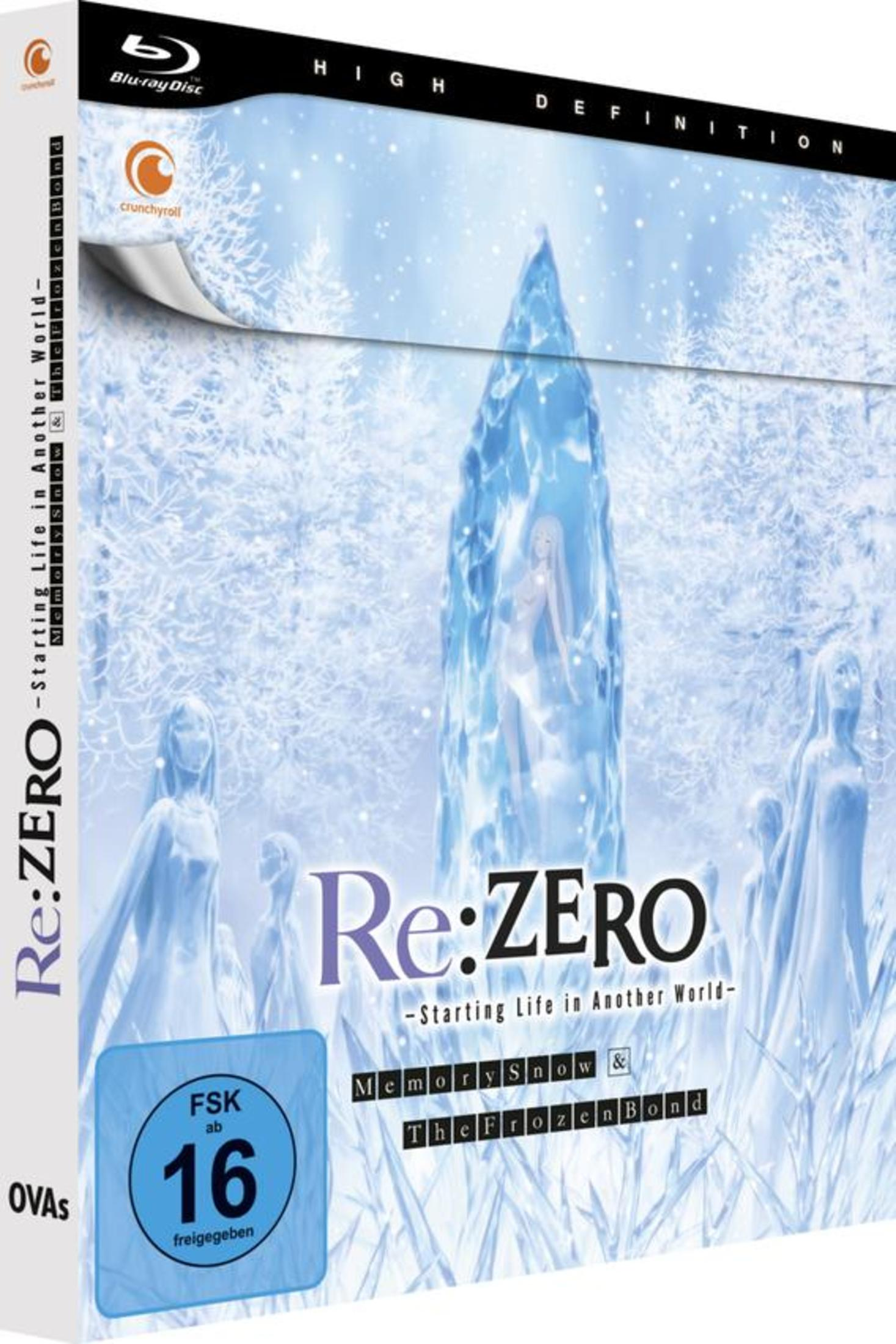 Re:ZERO Blu-ray Hülle mit Eis-Thema, Figur in Eisblock, FSK 16 Siegel.