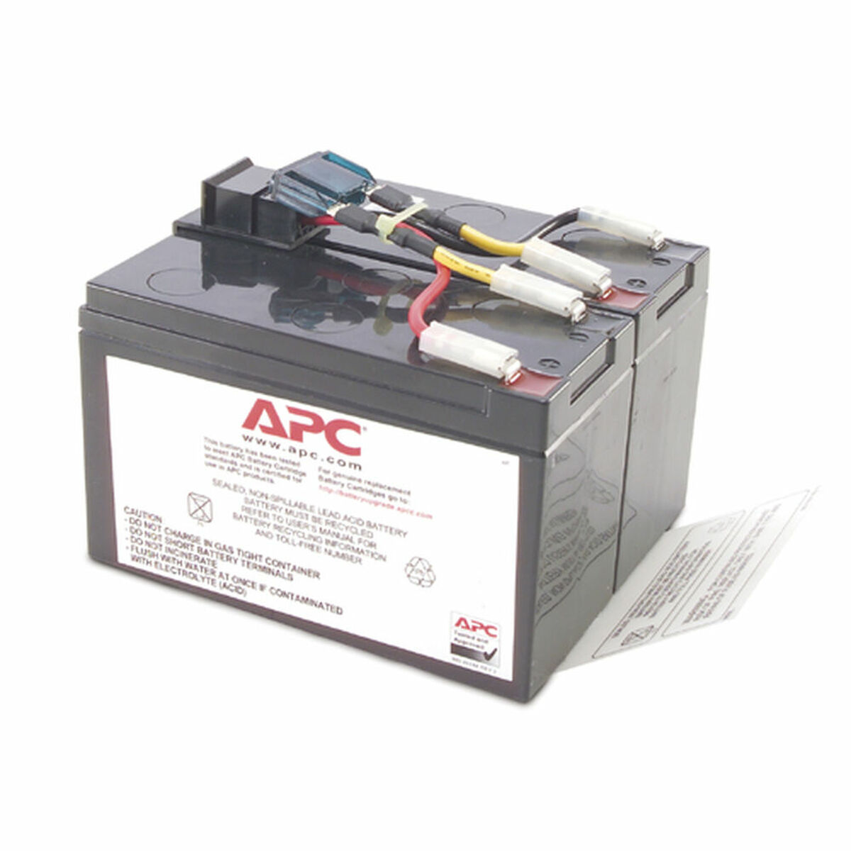 Due batterie APC UPS sigillate con fili e connettori, su sfondo bianco.