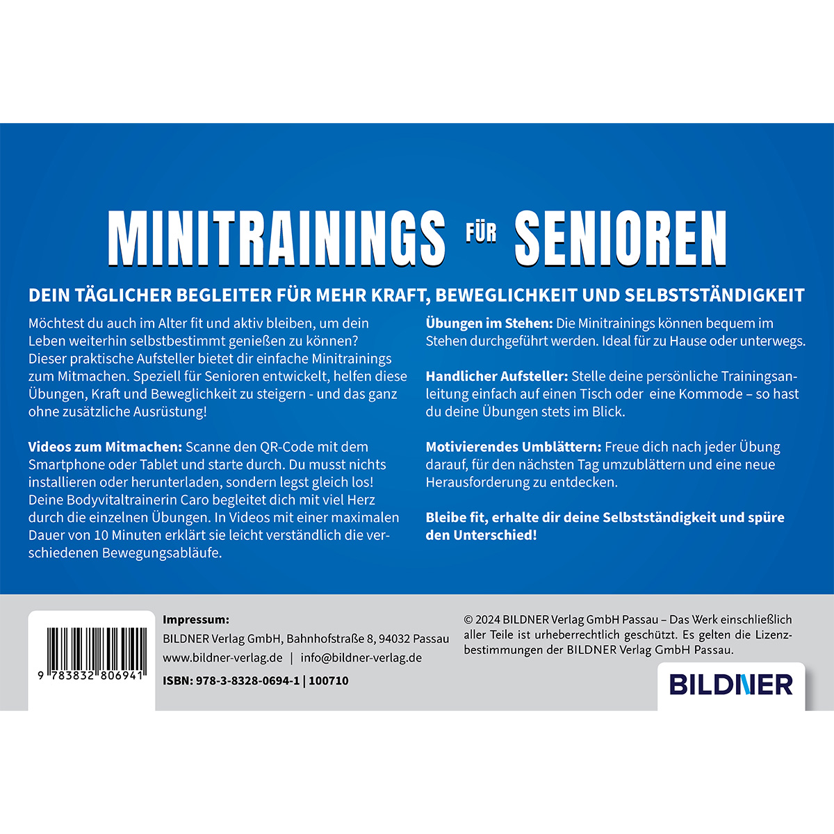 Ein Buchcover mit Text. Es wirbt für Minitrainings für Senioren. Weißer Hintergrund.