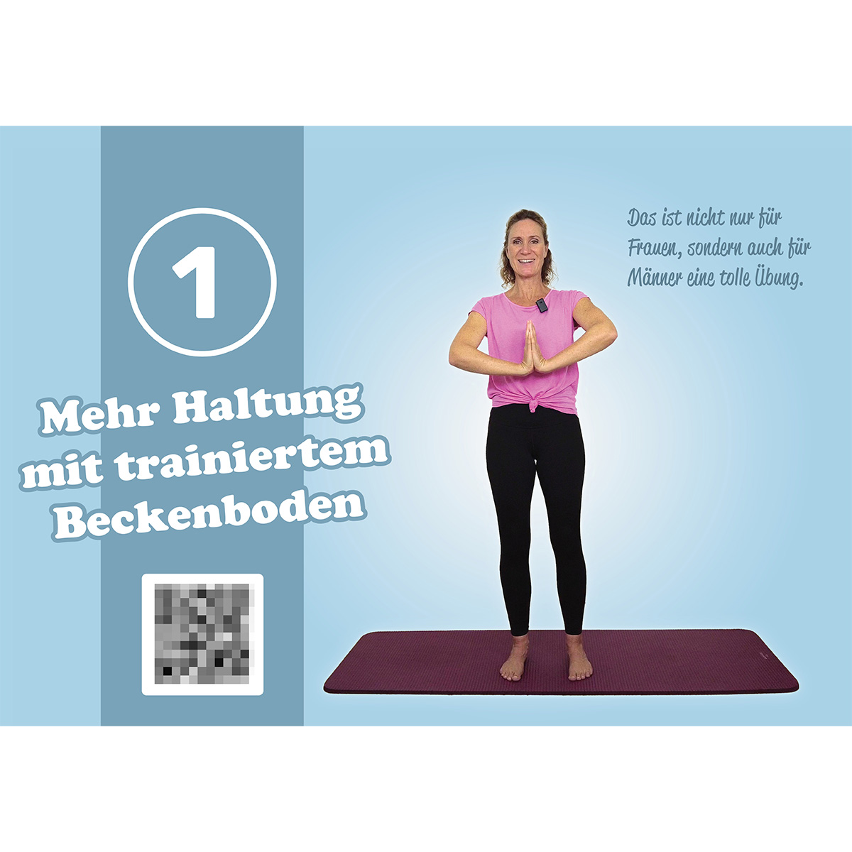 Frau demonstriert Übung auf einer Matte, mit Text und einem QR-Code.