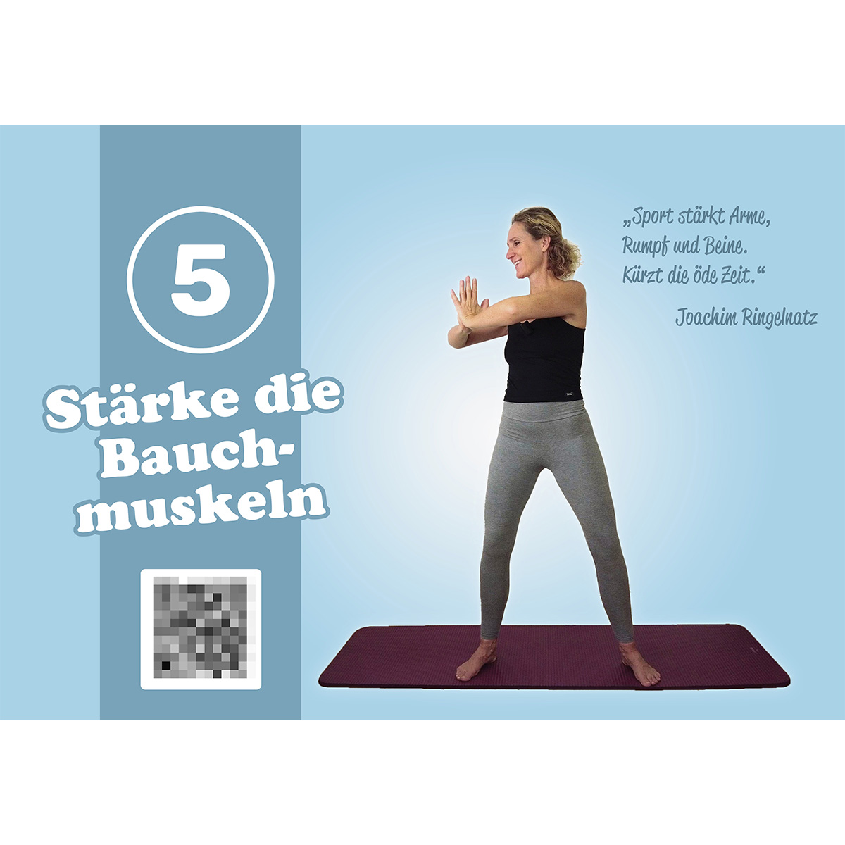 Eine Frau im Fitnessstudio hält ihre Hände vor sich, mit Text im Hintergrund.