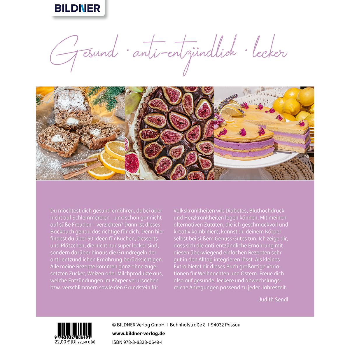 Ein Buchcover mit Text und Bildern von Desserts und einem Rezeptbuch mit Text.