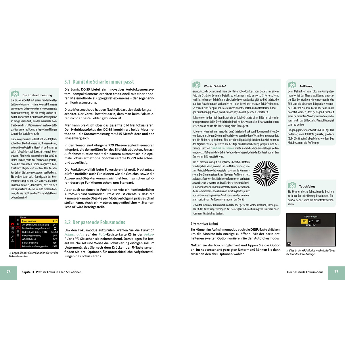 Textseite mit Diagrammen. Fokus auf Text und Diagramme der Kameraeinstellungen.