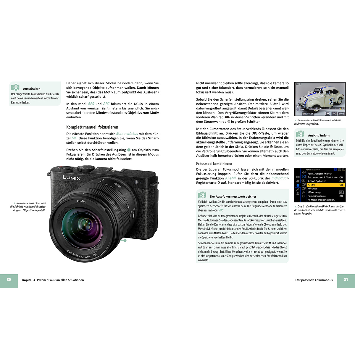 Magazin mit Kamera-Nahaufnahme. Text und Bilder über Kamerafunktionen. Weißer Hintergrund.