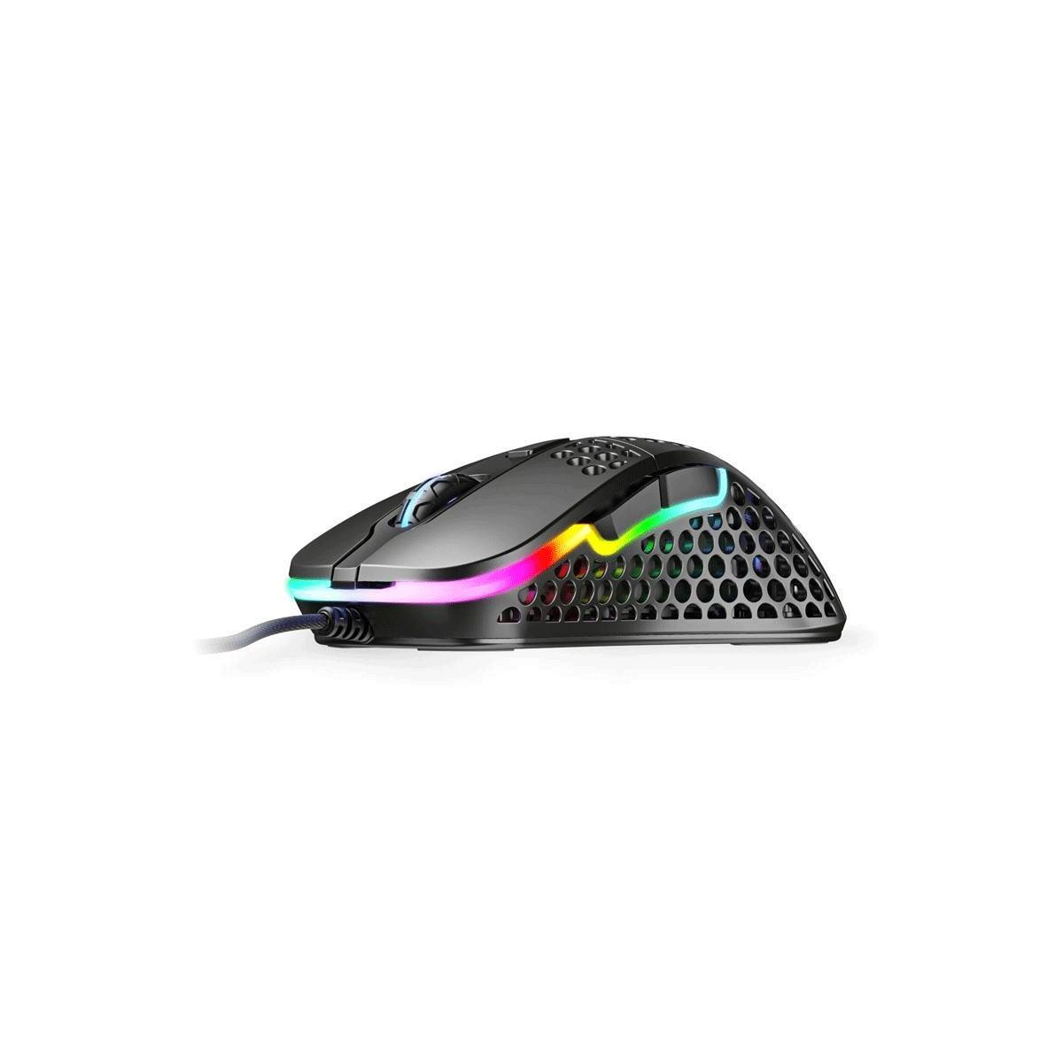 Mouse da gioco nero con luci arcobaleno e design a nido d'ape.