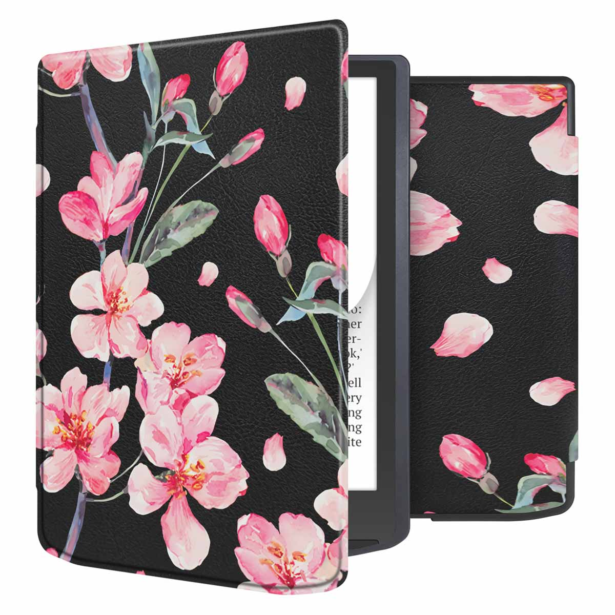 Zwarte Kindle in een bloemenhoes. De hoes is open en toont het scherm.
