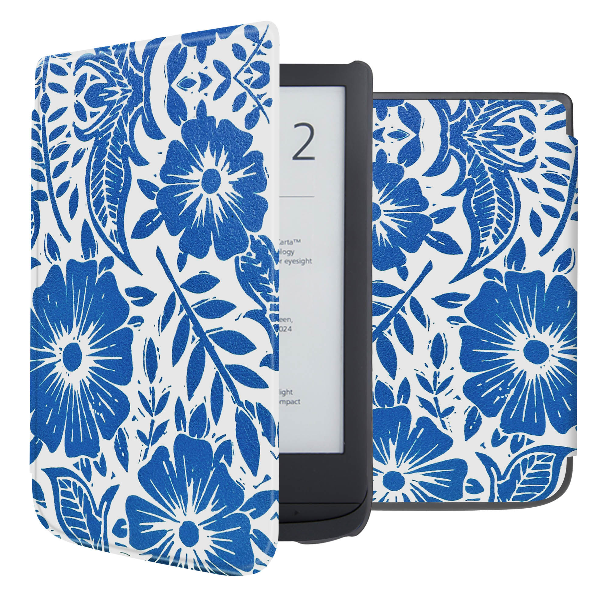 Une liseuse dans un étui à motifs floraux bleus.