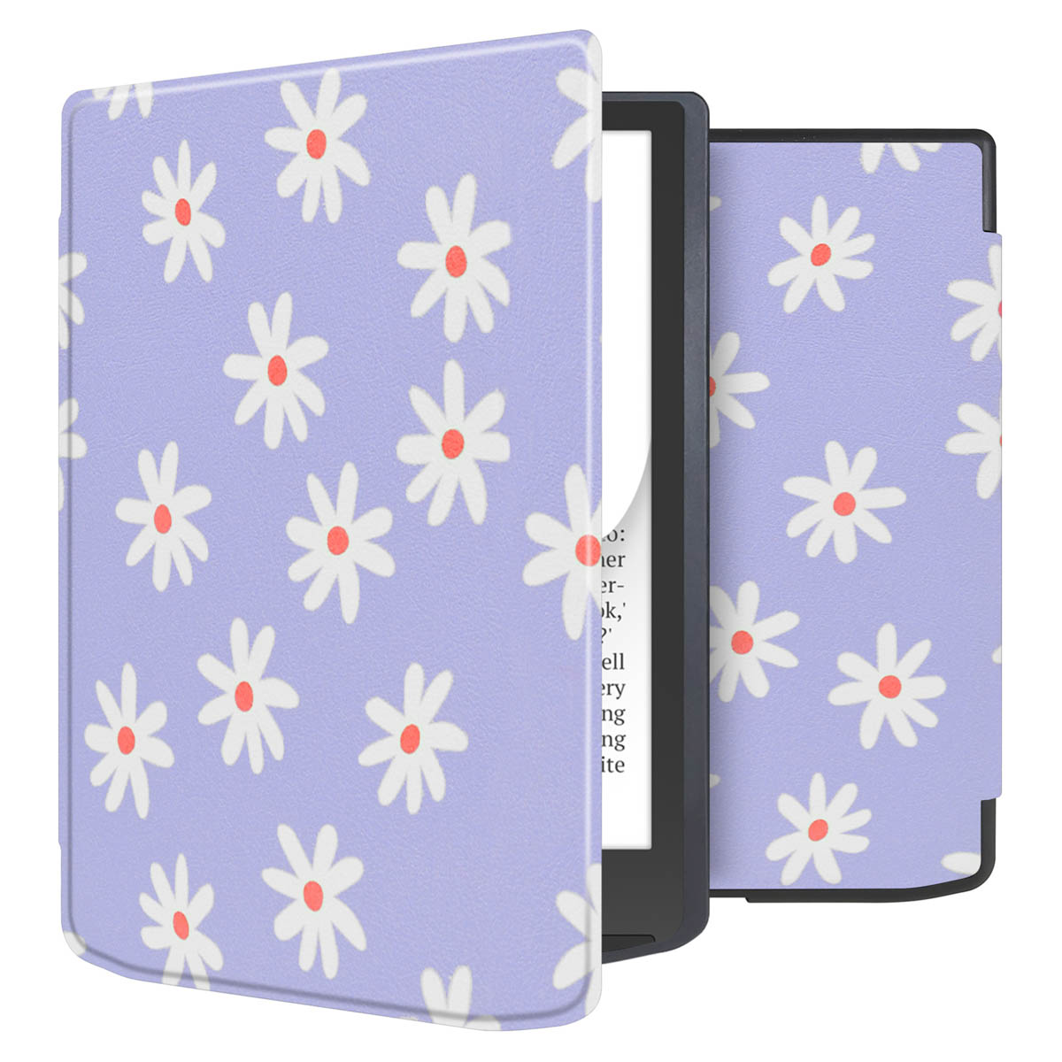 Kindle-hoes met witte madeliefjes op een paarse achtergrond. Witte achtergrond.
