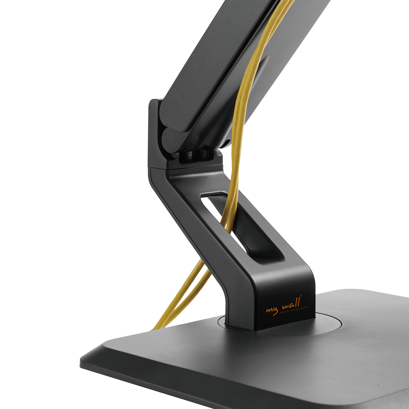 Supporto monitor nero con cavo giallo. Base con nome del marchio.