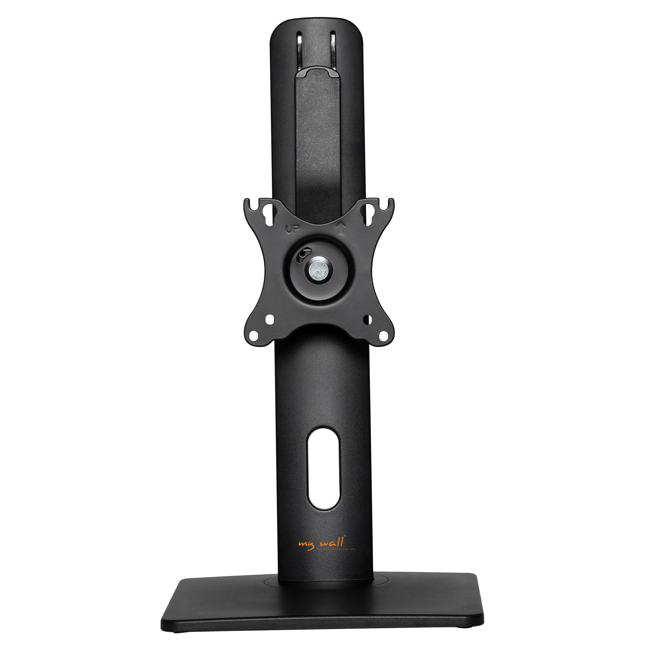 Schwarzer Monitorständer auf weißem Hintergrund.