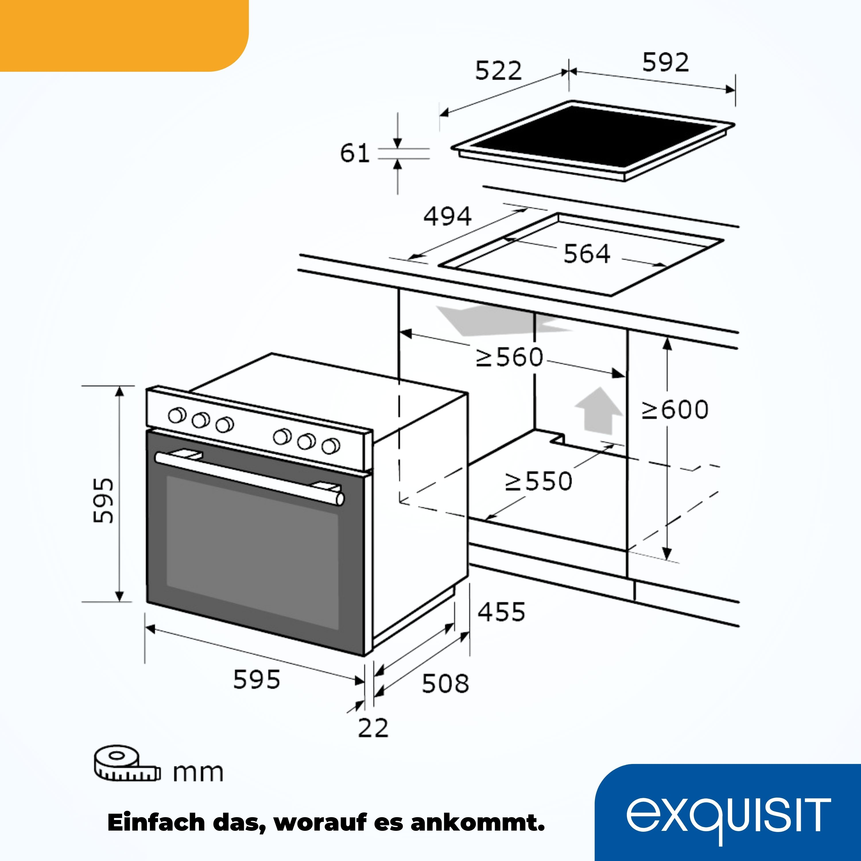 Ein Diagramm eines Einbauofens und -kochfelds mit Abmessungen in mm, das Installationsdetails zeigt.