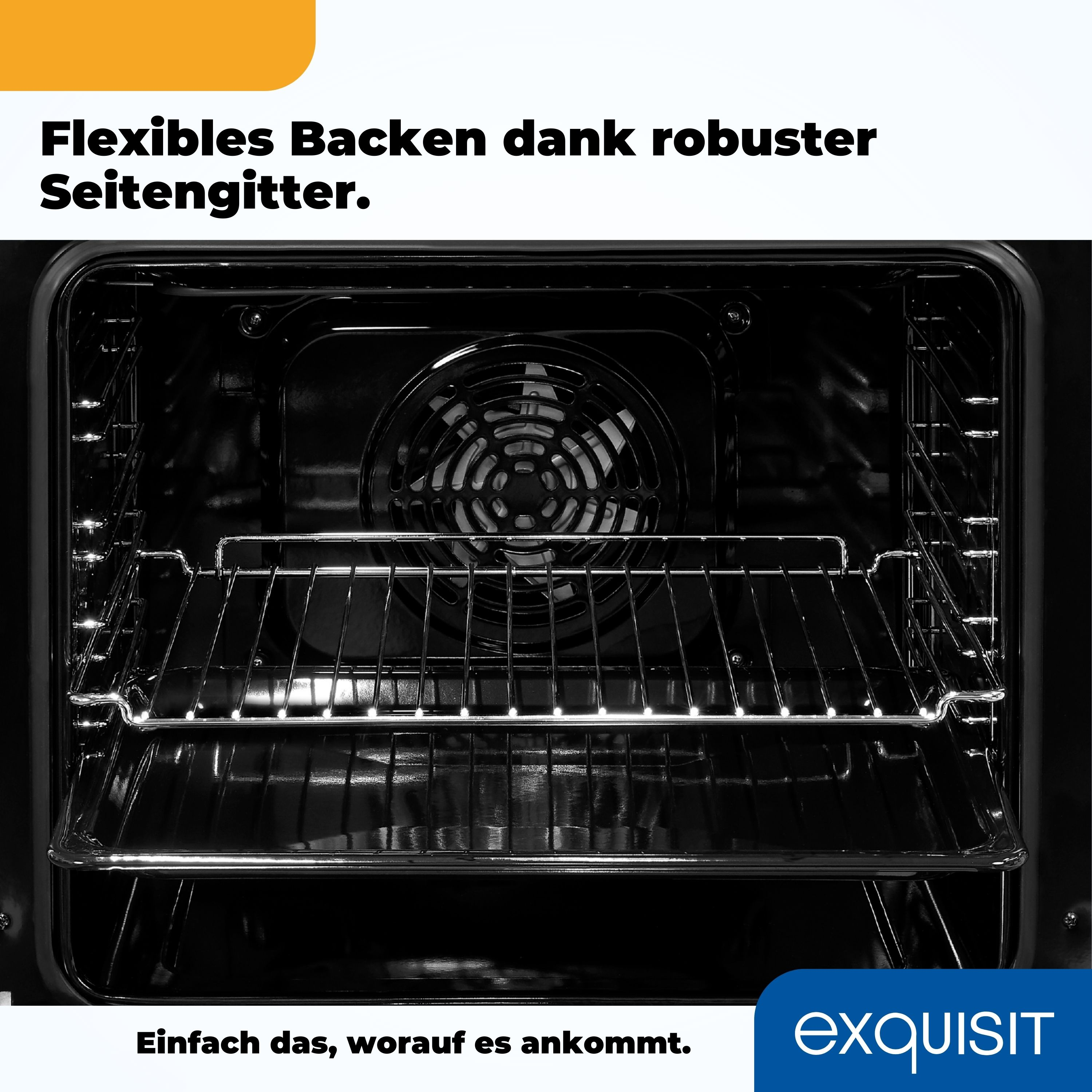 Innenraum eines Ofens mit Lüfter, Rosten und dem Exquisit-Logo.