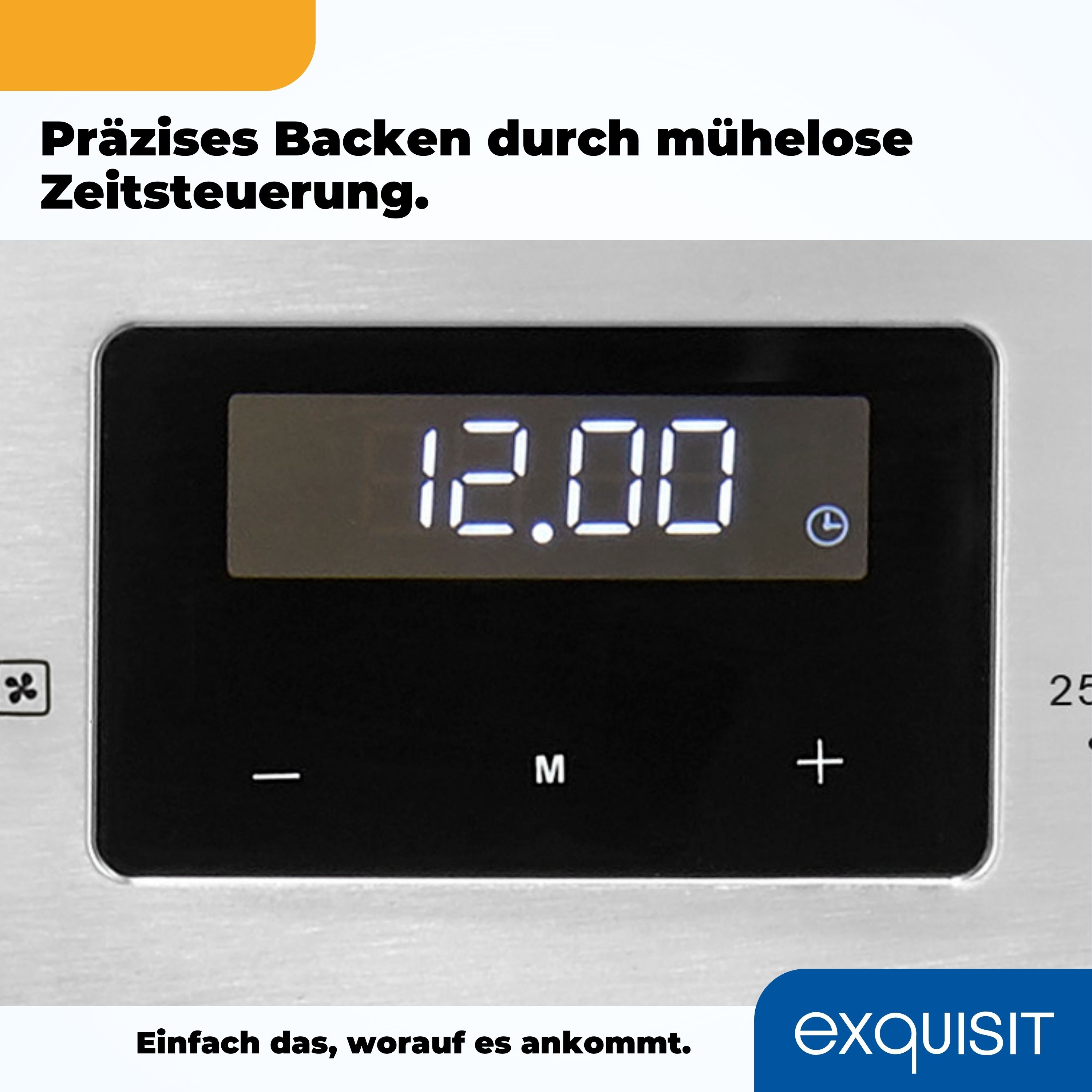 Backofen-Bedienfeld mit 12:00, Plus, Minus und M-Tasten, schwarz auf weiß.