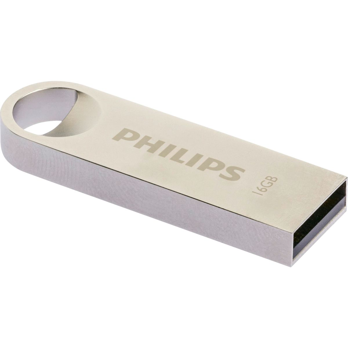 Srebrny pendrive USB z marką 'PHILIPS' i pojemnością '16GB'.