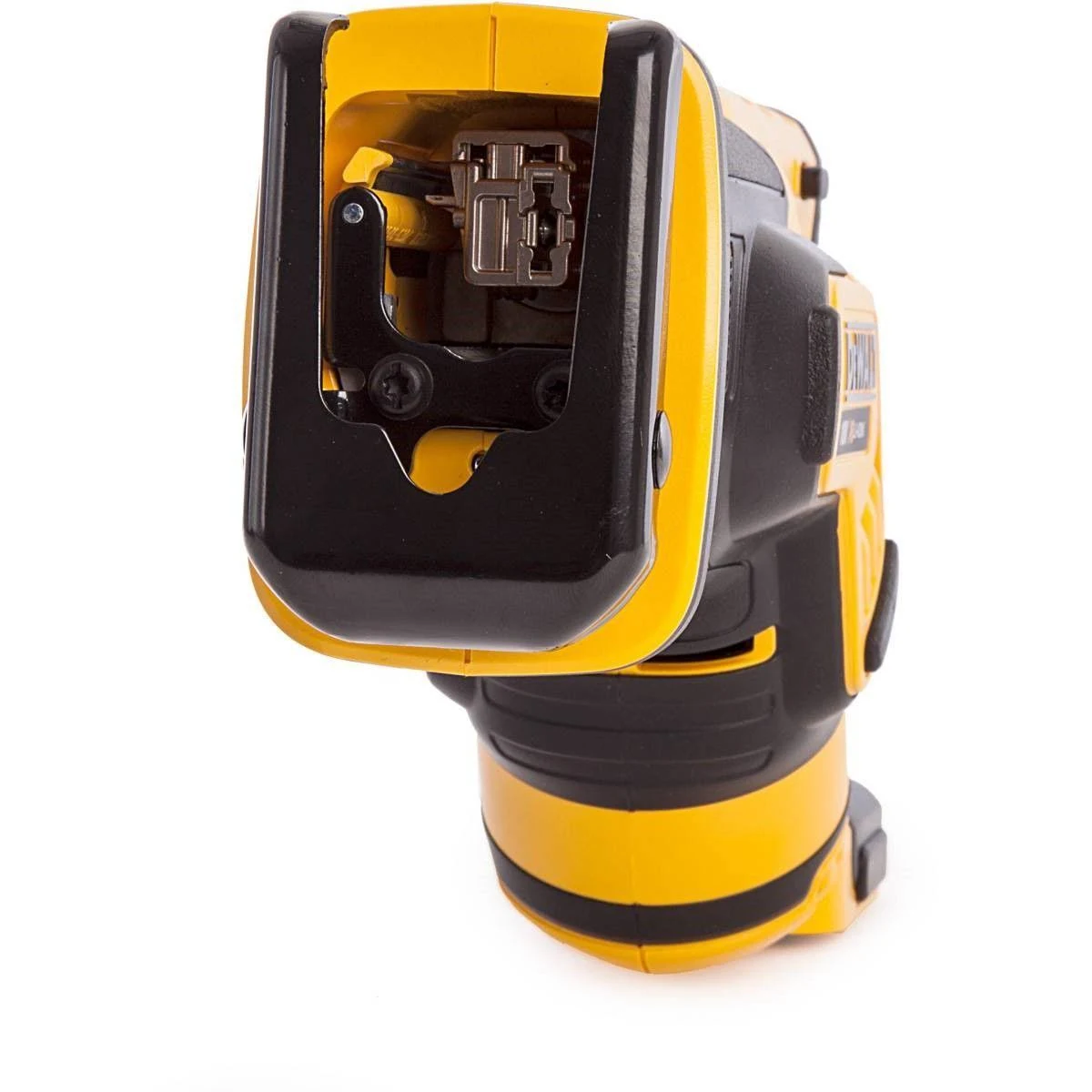 Żółto-czarna piła szablasta, widok z góry, pokazujący ostrze i mechanizmy wewnętrzne.