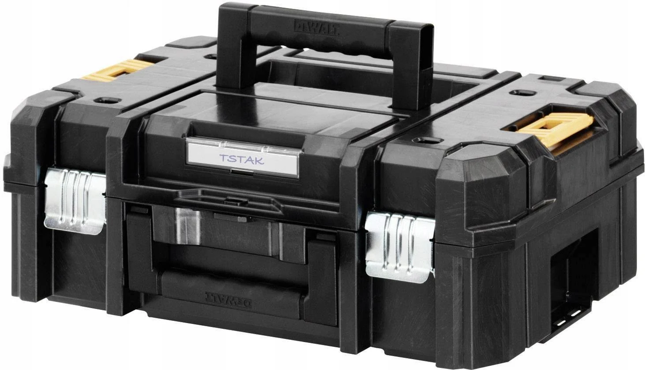 Czarna skrzynka narzędziowa DeWalt TSTAK z uchwytem i żółtymi zatrzaskami.